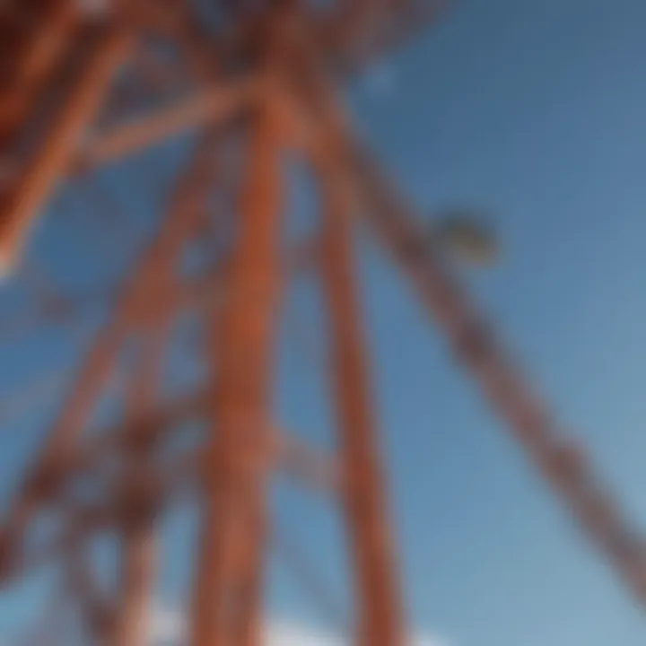 A close-up of a ski tower's safety features and attachment points.