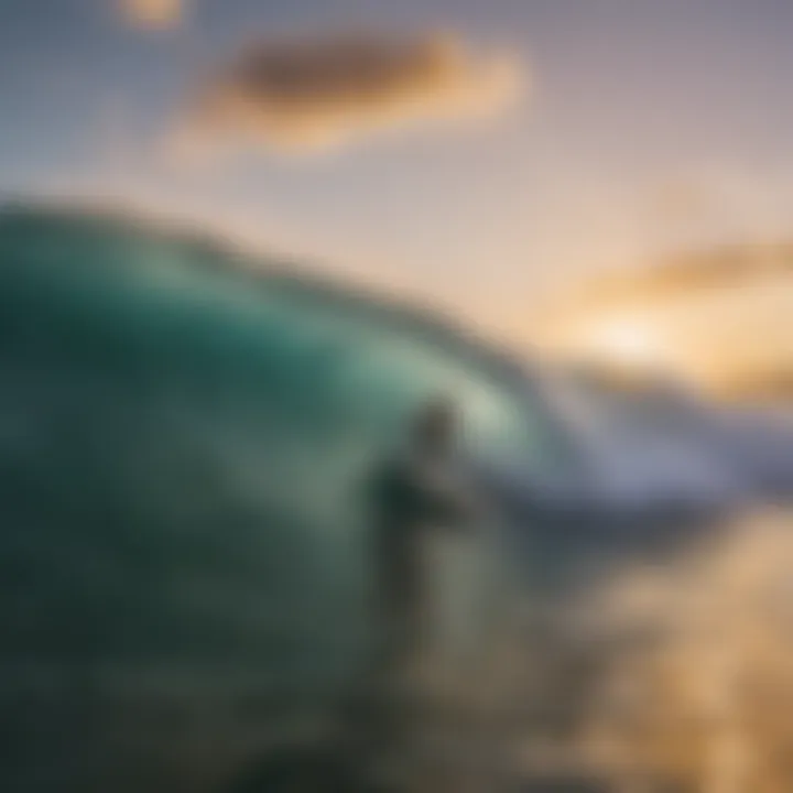 A surfer skillfully riding a wave at sunset