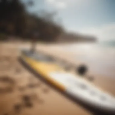 An array of essential paddle surfing gear laid out on a sandy beach.