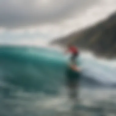 A vibrant scene of paddle surfers navigating through ocean waves in a picturesque location.