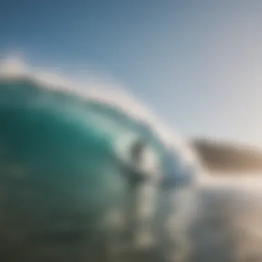 A breathtaking view of surfers catching waves at a tropical beach