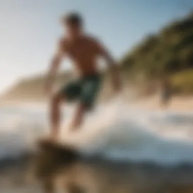 A vibrant beach scene with skimboarders demonstrating dynamic moves on the waves