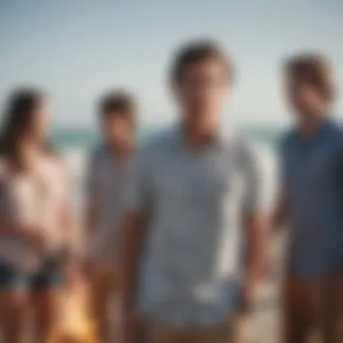 Group of friends wearing Billabong Sunday Shirts during a beach bonfire