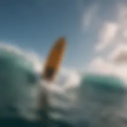 Futuristic design of a flying surfboard soaring over ocean waves