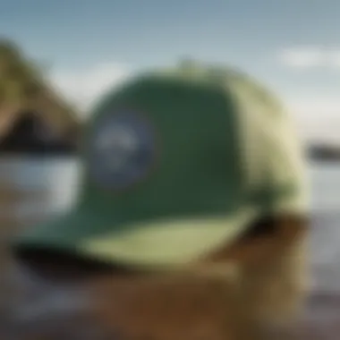 A close-up view of the green Billabong hat showcasing its eco-friendly materials