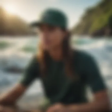 A vibrant outdoor scene featuring the green Billabong hat against a backdrop of waves and sun