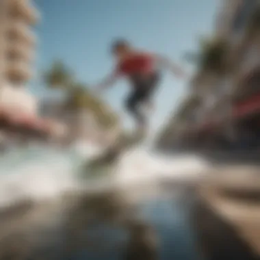 A vibrant street scene filled with surf and skate enthusiasts