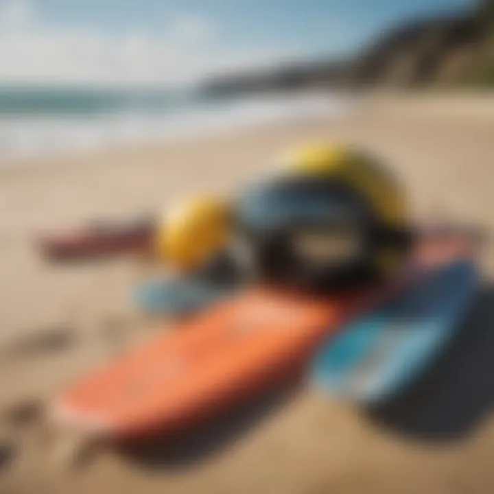 Safety equipment and surf gear displayed on the sand