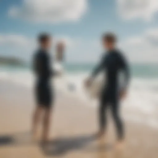 Surf instructor guiding a student on the beach