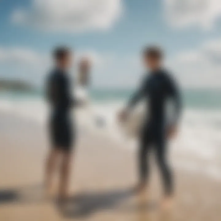 Surf instructor guiding a student on the beach