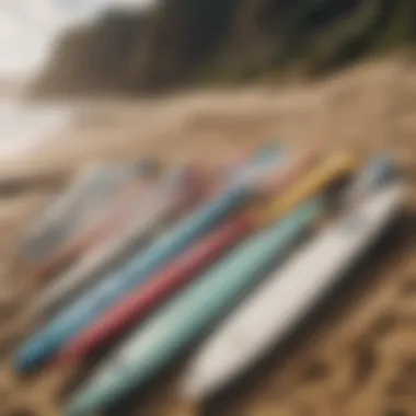 Diverse surfboards lined up on a sandy shore