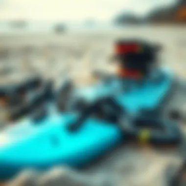 Essential Gear for Wing Surfing: An In-Depth Look Close-up shot of specialized wing surfing gear laid out on a sandy beach