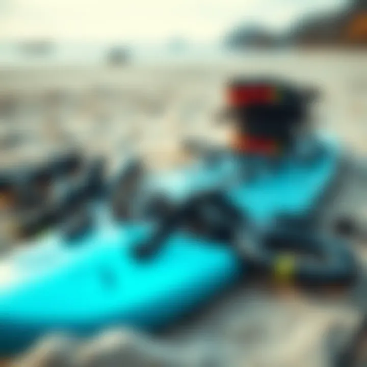 Essential Gear for Wing Surfing: An In-Depth Look Close-up shot of specialized wing surfing gear laid out on a sandy beach