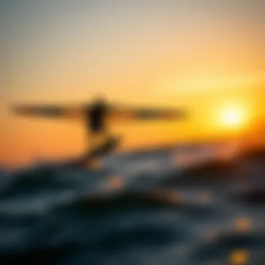 Gliding Into the Sunset: The Art of Wing Surfing A dynamic view of a wing surfer gliding over the water with the sunset in the background