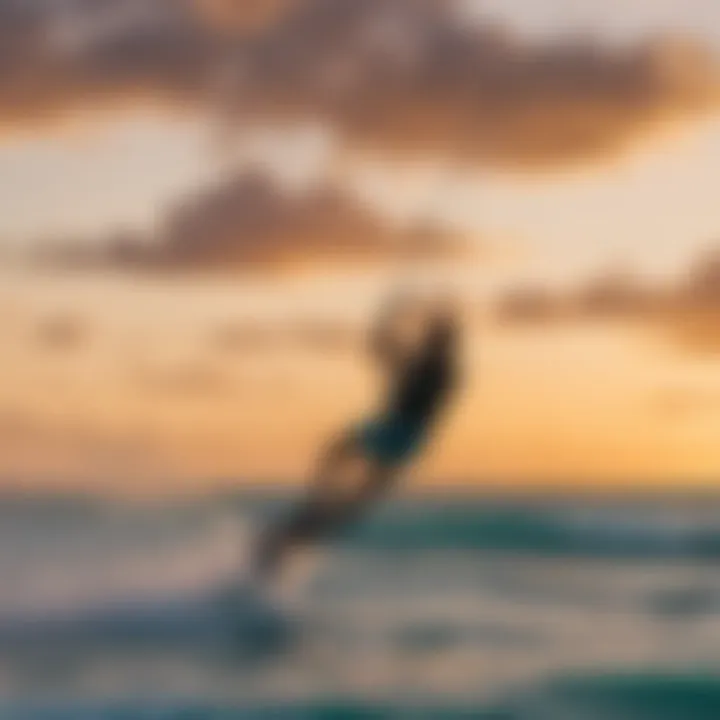 A scenic sunset backdrop with a kiteboarder silhouetted against the vibrant sky