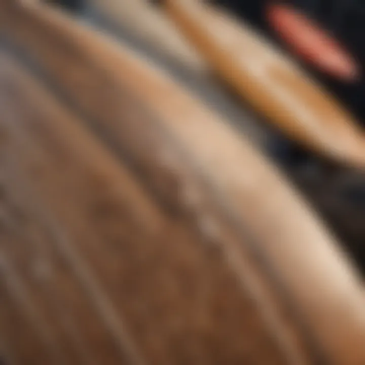 Close-up of a long surfboard's intricate design and craftsmanship