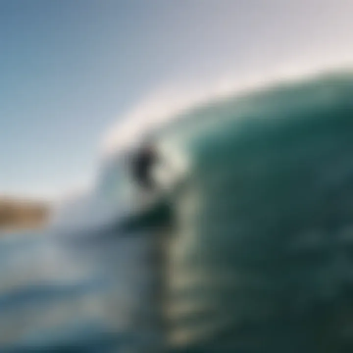 Surfer riding a wave on a long surfboard in a picturesque setting