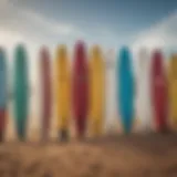 A variety of long surfboards displayed on a sandy beach