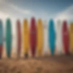 A variety of long surfboards displayed on a sandy beach