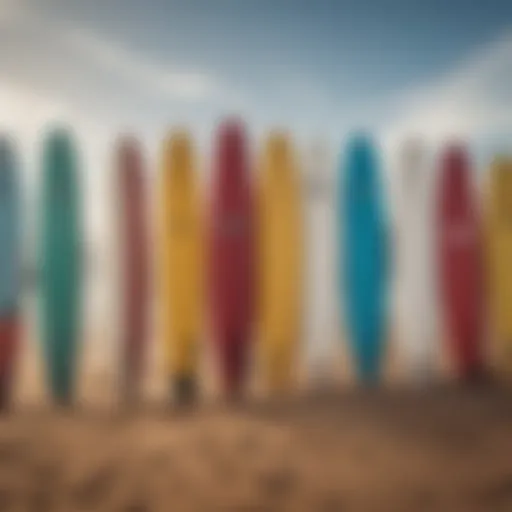 A variety of long surfboards displayed on a sandy beach