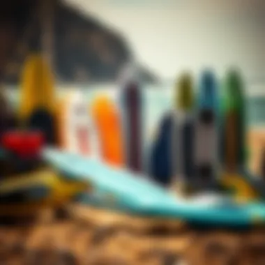 Surfing Toys at the Beach An array of surfing toys displayed against a beach backdrop, highlighting their appeal
