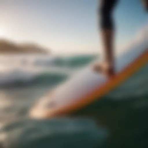 Detailed view of a 7 foot surf board showcasing its fin setup and tail design