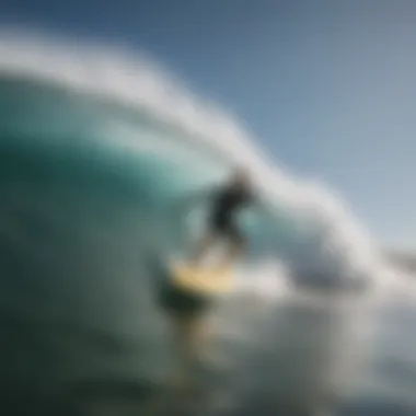 A surfer riding a wave on a 7 foot surf board, demonstrating performance in action