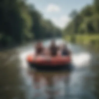 A group of friends enjoying a day of tubing on a lively river