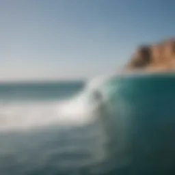 A breathtaking view of Moroccan coastline with surfers riding the waves