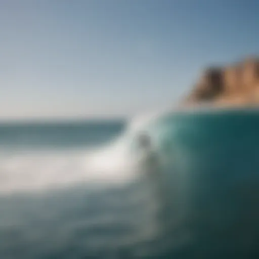 A breathtaking view of Moroccan coastline with surfers riding the waves