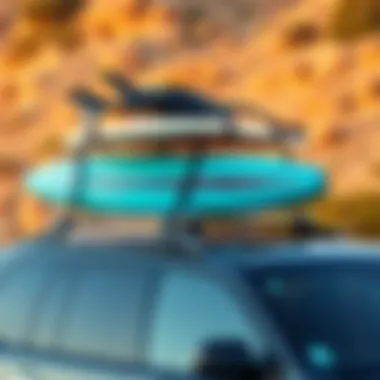 Soft Top Surf Rack on Vehicle A soft top surf rack securely holding surfboards on a vehicle