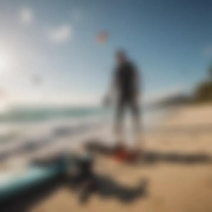 A serene beach setting with kiteboarding enthusiasts evaluating gear before a session.