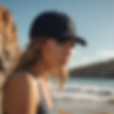 A vibrant beach scene featuring the Volcom Flexfit hat worn by a watersport enthusiast.