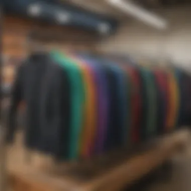 Wetsuit tops in various colors displayed on a rack