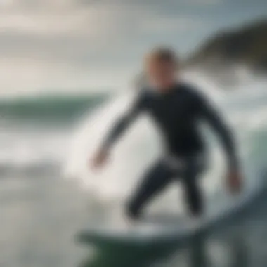 A surfer wearing a wetsuit top while riding a wave