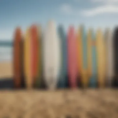 Iconic surfboard designs lined up against a backdrop of a stunning beach.