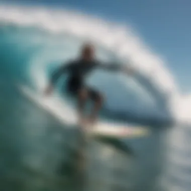 Close-up of a surfer's focused expression while riding a massive wave.