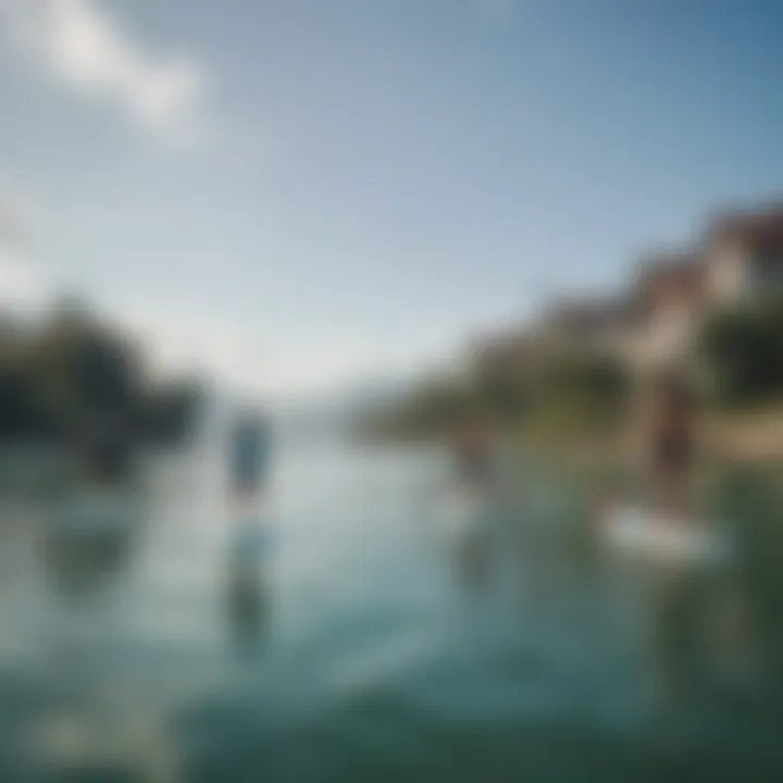 A group of paddle boarders enjoying a day on the water with a picturesque backdrop