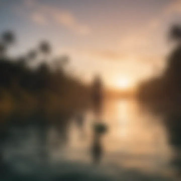 Enthusiasts enjoying paddleboarding at sunset