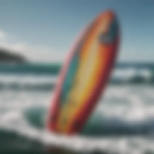 A vibrant surfboard with Hurley branding against a stunning ocean backdrop