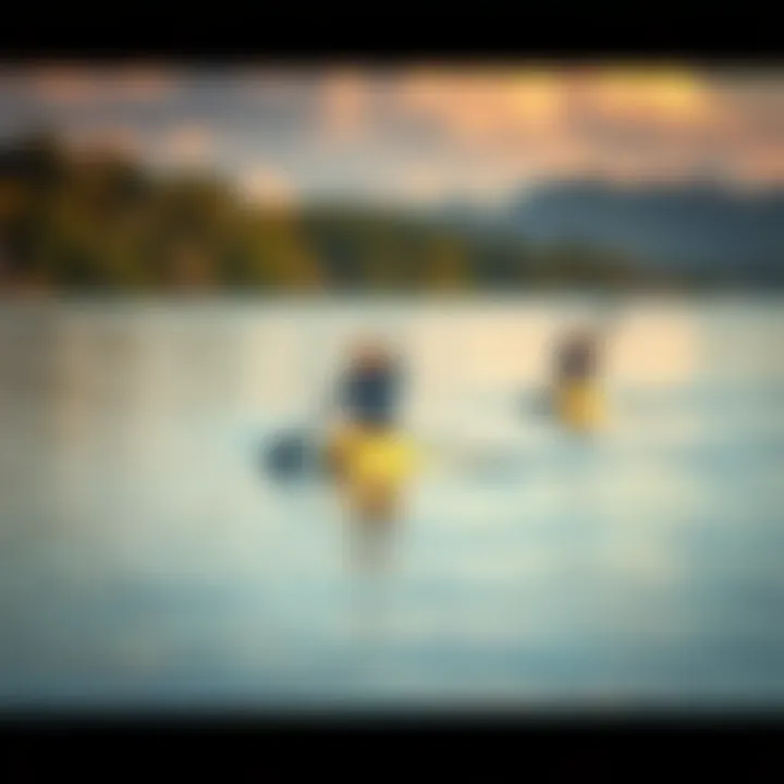 A serene water landscape showcasing paddle boards in motion