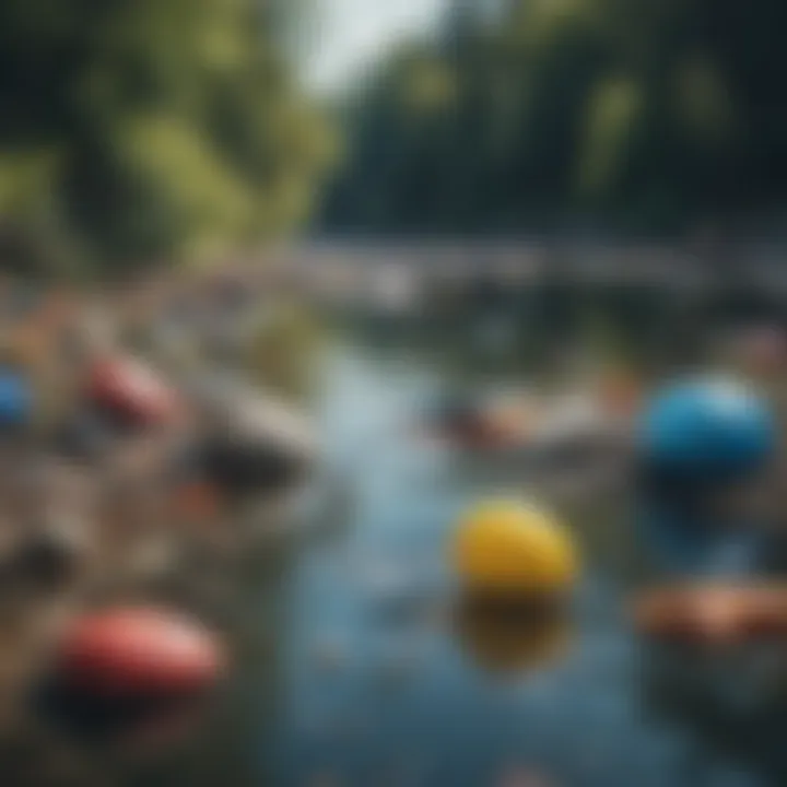 A serene lake impacted by plastic waste