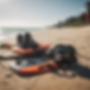 Kiteboarding gear setup on the beach