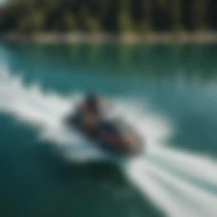 An aerial view of jet skis racing on a crystal-clear lake