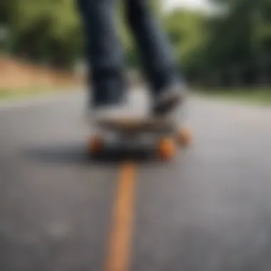 Close-up view of skateboard deck during an ollie.