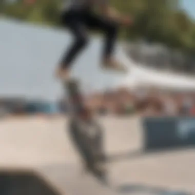 Close-up of a skateboarder preparing to ollie off a ramp at a watersport event