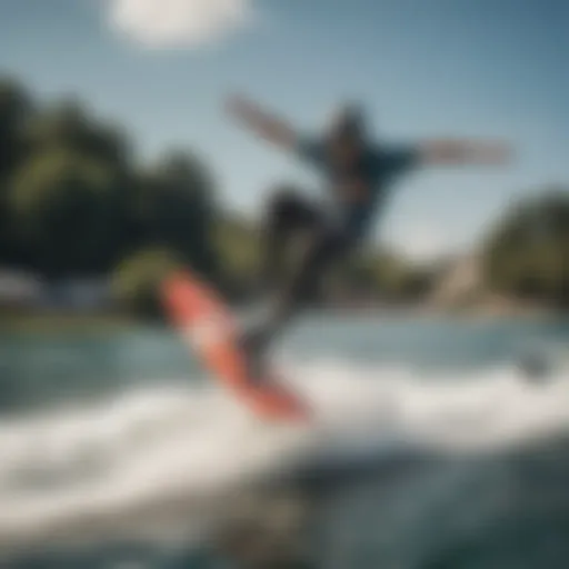 A skilled watersports enthusiast performing an ollie trick on a wakeboard