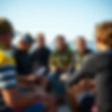 A group of watersport enthusiasts discussing wave reports