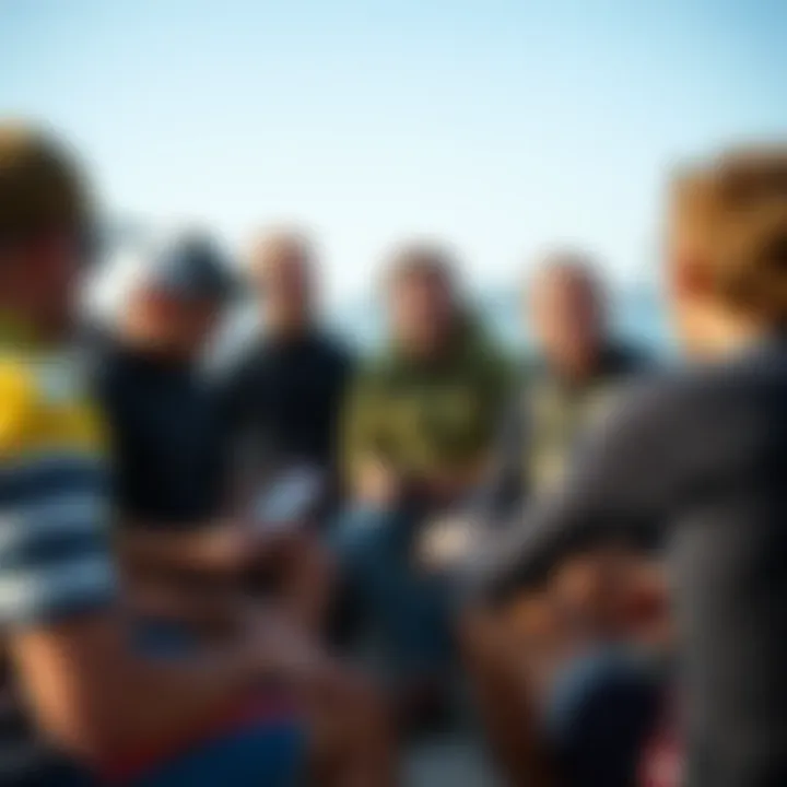A group of watersport enthusiasts discussing wave reports