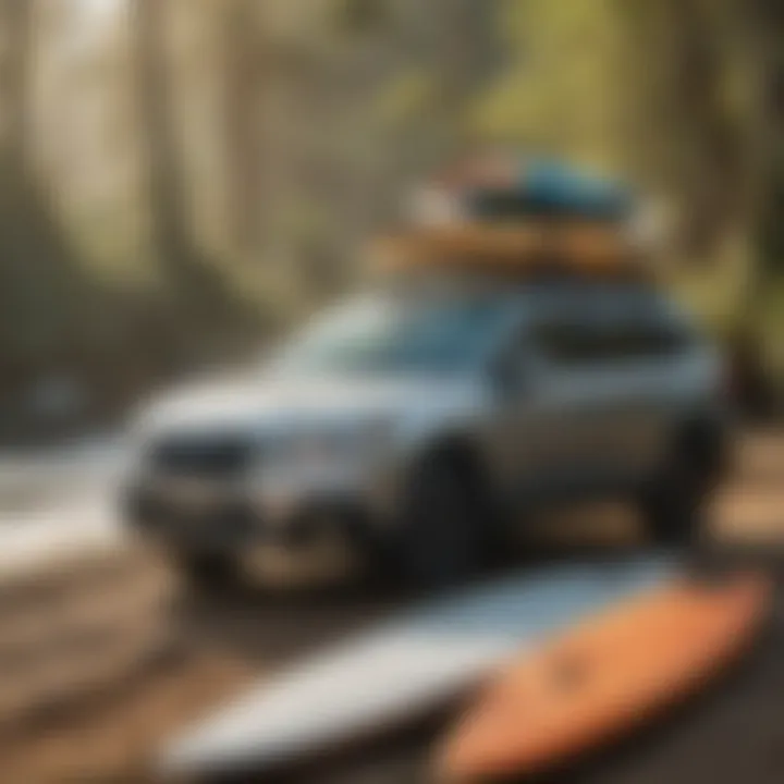 A scenic road trip image featuring a Subaru Outback loaded with surfboards, capturing the essence of surf culture and adventure.